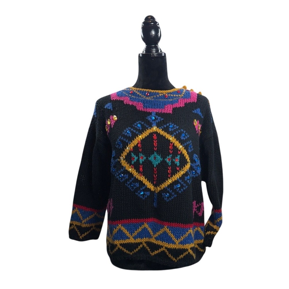 Vintage Hand Knit‎ Women Sz L Sweater Whimsical Geometric